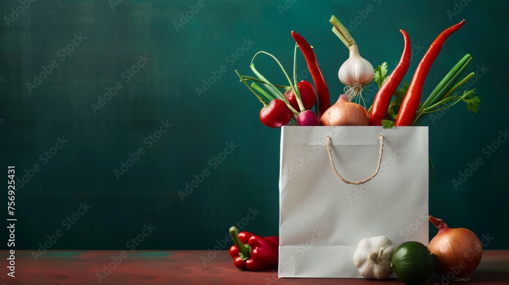 white paper bag onion red chilly paper dark green background - obrazy, fototapety, plakaty 