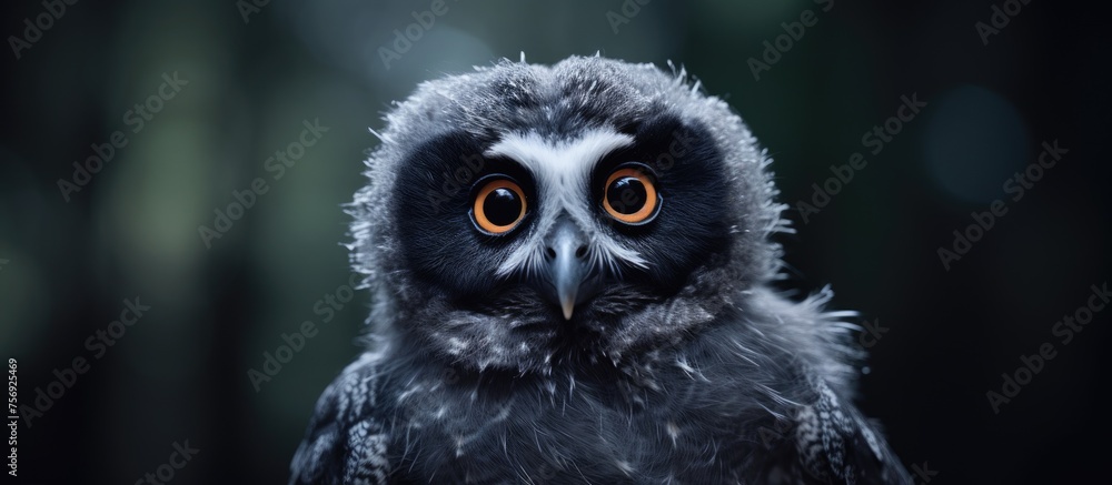 Obraz premium A closeup of a baby owl with electric blue eyelashes staring at the camera in the darkness, showcasing its beak and snout in stunning macro photography