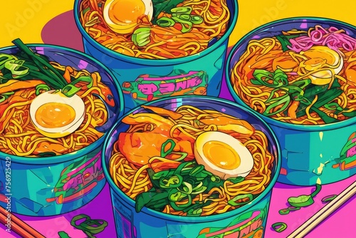 A vibrant illustration of four instant noodles in colorful cups, showcasing the delicious colors and patterns on their labels. The ingredients inside each cup include ramen noodles with shrimp.