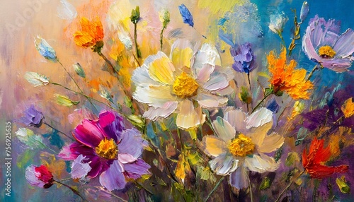 Blossoming Symphony: A Vibrant Oil Painting of Abstract Flowers