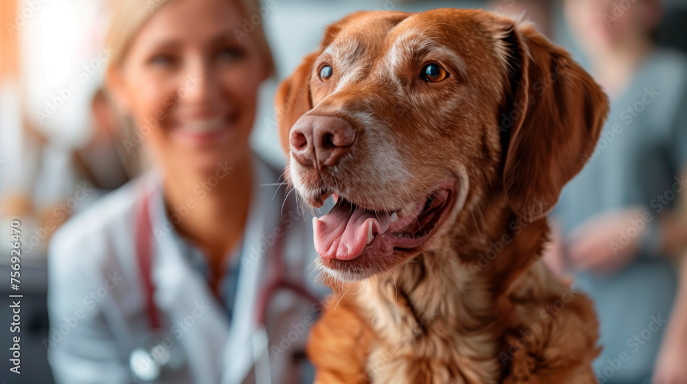 This warmly-lit photo captures a joyful brown dog in sharp focus with a smiling veterinarian softly blurred in the background, highlighting the bond between pets and animal healthcare professionals This warmly-lit photo captures a joyful brown dog in sharp focus with a smiling veterinarian softly blurred in the background, highlighting the bond between pets and animal healthcare professionals