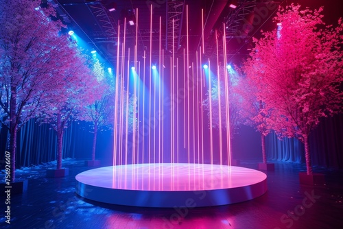 A podium adorned with neon trees that sway gently in an ethereal breeze