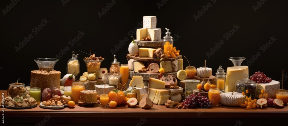 A variety of cheeses are displayed on the table at the citys annual cuisine event, showcasing the art of cooking in a beautiful building
