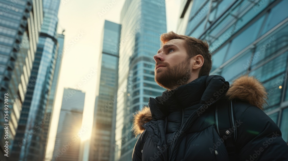 A snapshot of a man from the north, his blond hair illuminated by the city lights, standing resolutely against the backdrop of towering skyscrapers. A snapshot of a man from the north, his blond hair illuminated by the city lights, standing resolutely against the backdrop of towering skyscrapers.