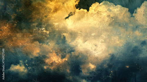 The yellow sun is shining from behind the clouds. Grunge-style illustration of the sky photo