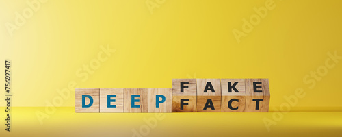 Dice form the words DEEPFAKE on wooden cube block. Deepfake concept matching facial movements. photo