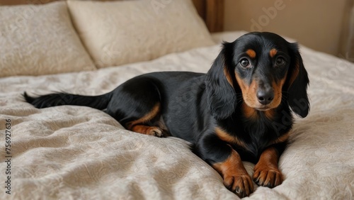 Black and tan long haired dachshund dog lying on bed in the bedroom