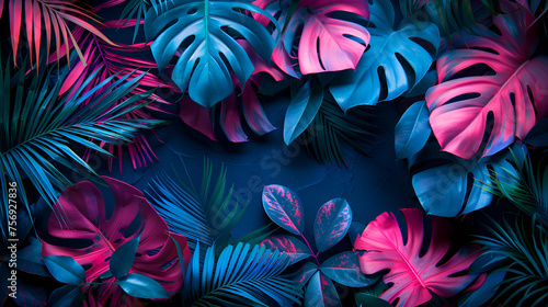 Creative Fluorescent Color Layout Made of Tropical Leaves, Vibrant Foliage Composition for Design Projects, Generative AI