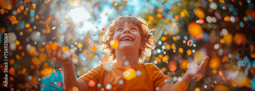 A young boy is captured in a moment of pure joy, laughing with his head thrown back as a vibrant shower of confetti cascades around him in the golden sunlight.