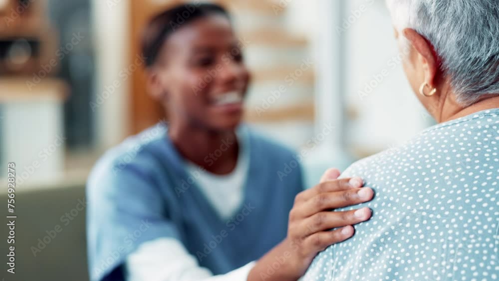 Happy woman, nurse and support with patient in elderly care for health, advice or trust at retirement home. Closeup of female person or medical caregiver touching shoulder for healthcare consulting Happy woman, nurse and support with patient in elderly care for health, advice or trust at retirement home. Closeup of female person or medical caregiver touching shoulder for healthcare consulting