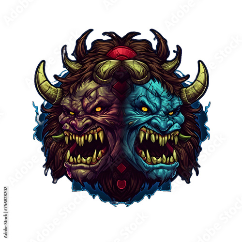 Two-Headed Orc Warlord Mascot Isolated on Transparent Background. Monster Warrior Chieftain Emblem. Scary Monster Illustration for T-shirt Design