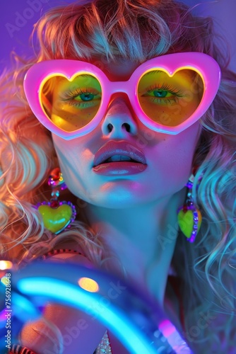 A bold image featuring a model's curly hair and vibrant neon earrings with matching pink tones