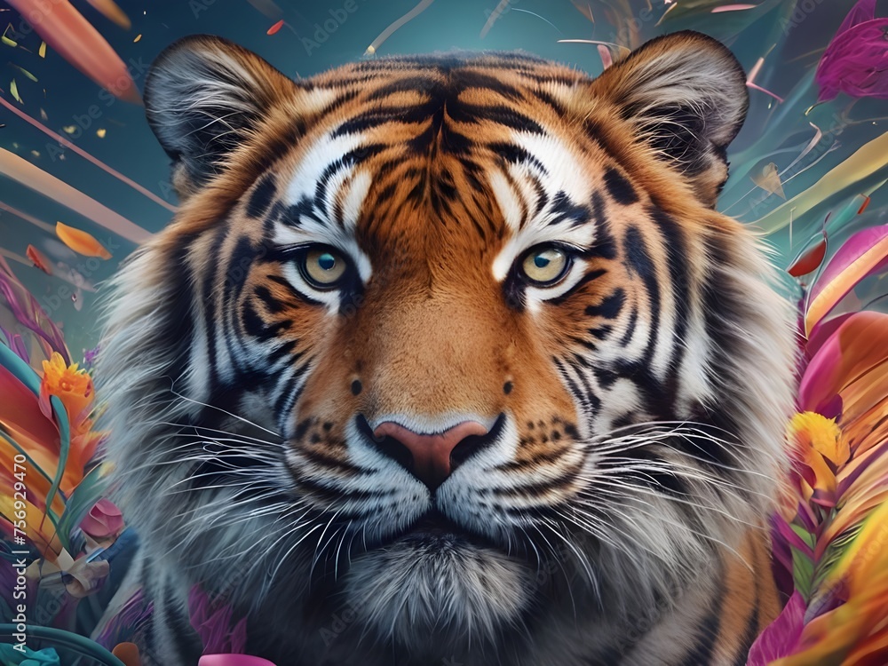 Naklejka premium Captivating, high-quality image for the internet in 2024 featuring a detailed and vibrant tiger. Integrate trending or culturally relevant elements, emphasizing colors, composition Generative AI