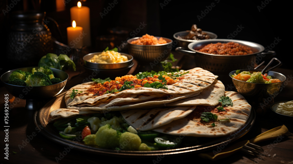 Roti canai served with a variety of dipping sauces and curries Roti canai served with a variety of dipping sauces and curries