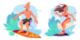 Surfers catching and riding wave on board. Cartoon vector illustration set of young man and woman standing on surfboard in sea or ocean. Happy active people swimming. Summer beach extreme adventure.