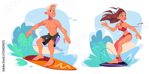 Surfers catching and riding wave on board. Cartoon vector illustration set of young man and woman standing on surfboard in sea or ocean. Happy active people swimming. Summer beach extreme adventure.