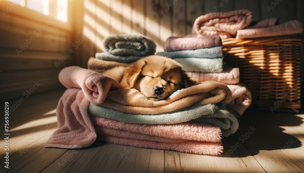 A puppy sleeping peacefully on a pile of soft, fluffy towels in a warm, sunlit room. - obrazy, fototapety, plakaty 
