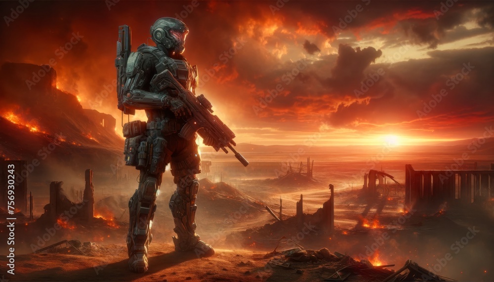 The image depict a futuristic soldier standing guard in a dystopian landscape, with a fiery sky in the background, depicting vigilance and dete. The image depict a futuristic soldier standing guard in a dystopian landscape, with a fiery sky in the background, depicting vigilance and dete.