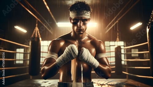 The image depict a close-up of a boxer wrapped in bandages, standing defiantly with fists clenched, in a dimly lit gym. © FantasyLand86