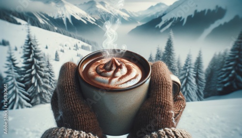 A close-up shot of a hot cup of cocoa with steam rising, held by gloved hands against a snowy mountain backdrop.