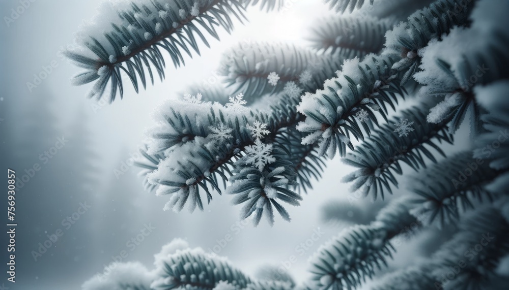 Close-up of snow-covered pine branches with snowflakes visible against a soft, gray sky. Close-up of snow-covered pine branches with snowflakes visible against a soft, gray sky.