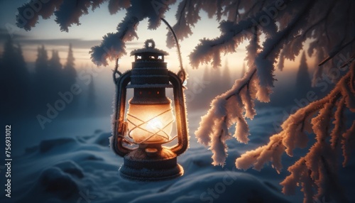 Close-up of an old, snow-covered lantern hanging from a frosted tree branch, with a glowing light inside, against a dusky winter sky.