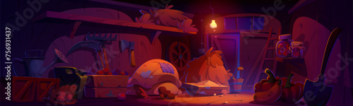 Farm barn inside with tools and crop at night. Cartoon vector illustration of dark wooden ranch shed indoor with haystack and sack, gardening equipment and vegetable harvest. Countryside farmhouse.
