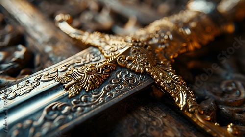 Detailed Close-Up of a Sword, Showcasing Its Blade and Hilt photo