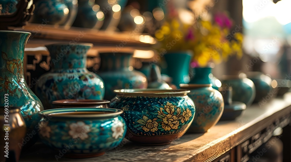 Vibrant ceramic pots on a wooden table with flowers