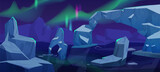 Arctic landscape at night with iceberg in ocean and aurora borealis in sky. Cartoon vector illustration of dark polar scenery with northern light, glacier mountain and ice blocks floating in sea water