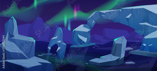 Arctic landscape at night with iceberg in ocean and aurora borealis in sky. Cartoon vector illustration of dark polar scenery with northern light, glacier mountain and ice blocks floating in sea water