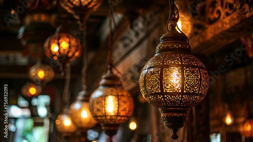 Ornamental Arabic lantern with burning candle glowing at night Ramadan Kareem concept 