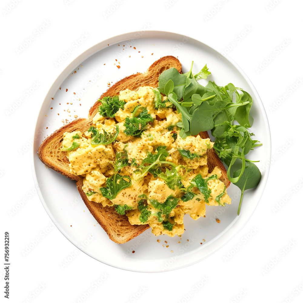 Scrambled Eggs Mustard Greens on Toast bread, png Scrambled Eggs Mustard Greens on Toast bread, png