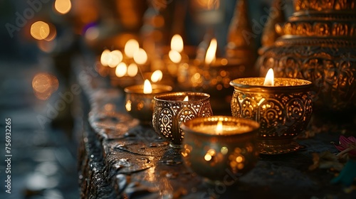 Traditional Burning oil lamps or diyas. diwali festival concept.
