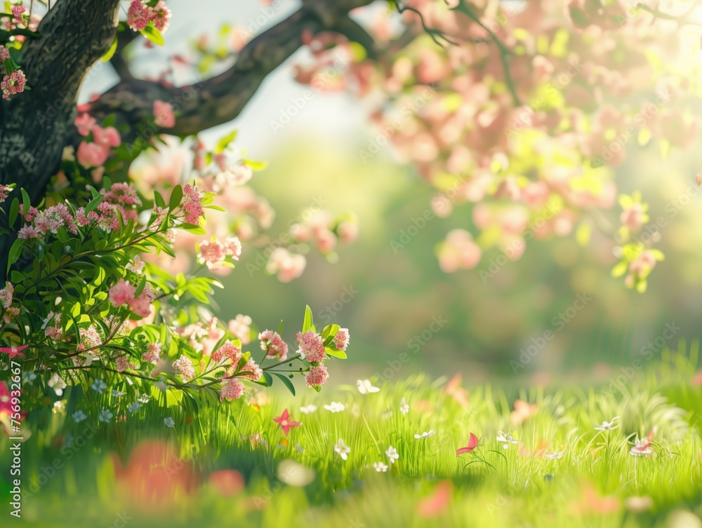A serene spring scene pink blossoms of a flowering tree gently swaying above a lush, green meadow peppered with small wildflowers, all bathed in the soft, golden light of the morning sun