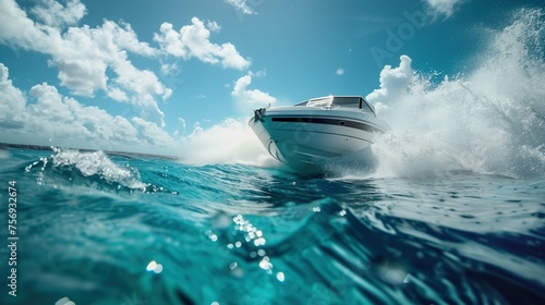 A powerboat cuts through the crystal-clear ocean waters at high speed, its hull slicing through the waves and sending sprays of water into the air under a sunny sky dotted with fluffy clouds.