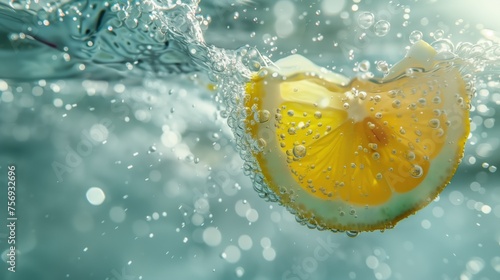 Citrus Submersion, A slice of lemon is submerged in water, surrounded by a ballet of air bubbles, capturing the lively interaction between the citrus and the liquid in a dance of light and freshness.