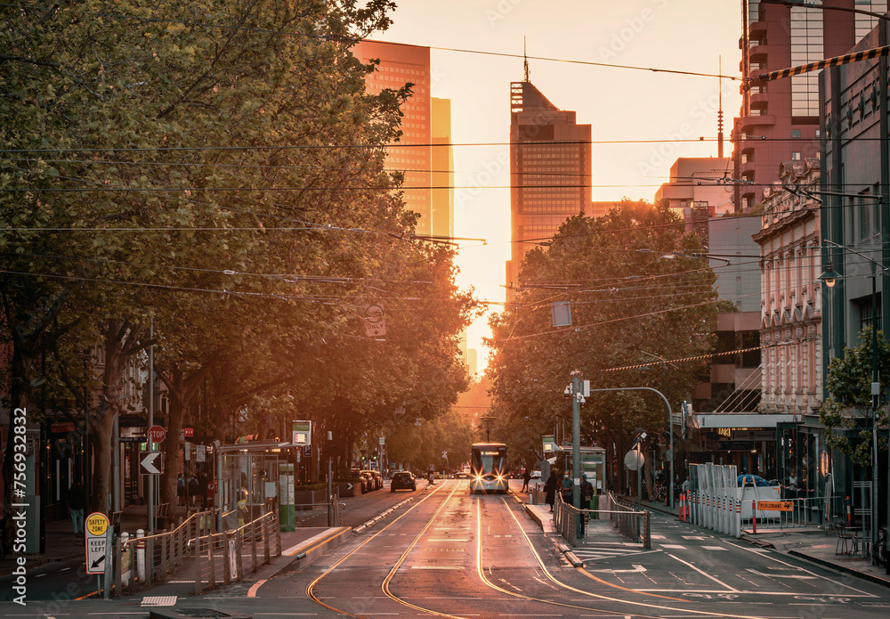 Fototapeta premium The urban skyline of Melbourne city in the sunset during 