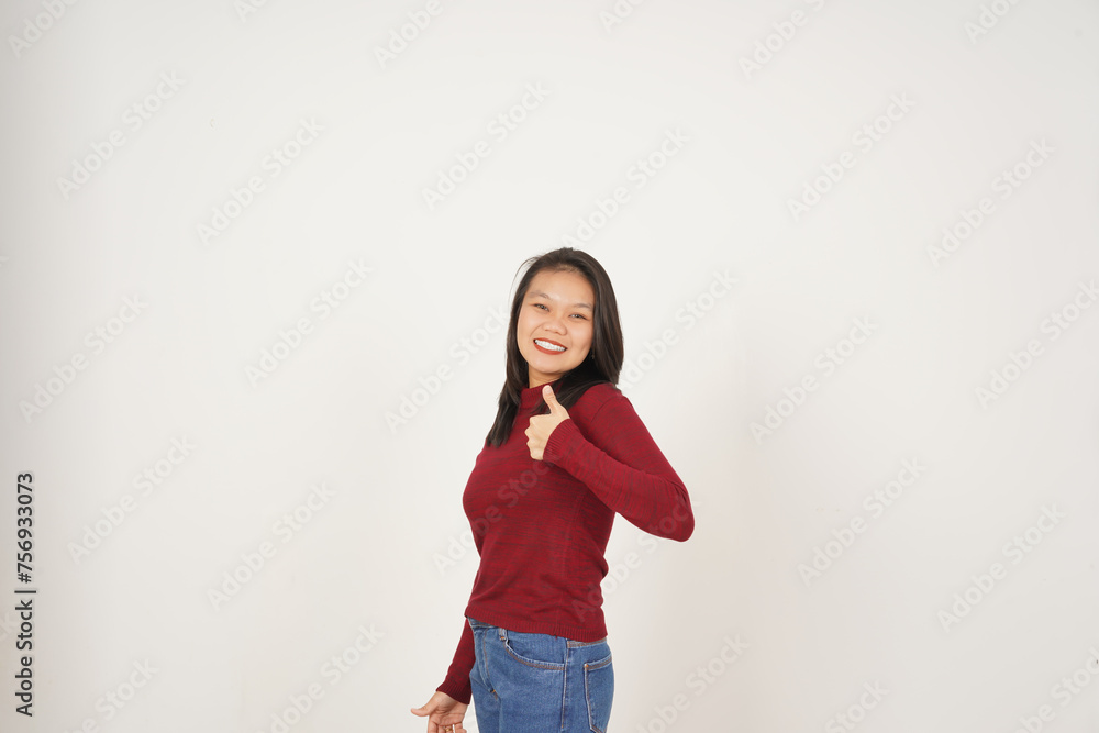 Young Asian woman in Red t-shirt Showing Thumb Up, Agree Concept isolated on white background Young Asian woman in Red t-shirt Showing Thumb Up, Agree Concept isolated on white background