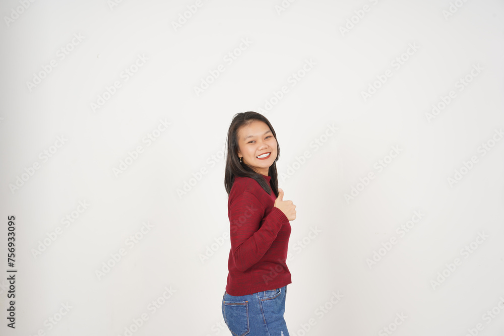 Young Asian woman in Red t-shirt Showing Thumb Up, Agree Concept isolated on white background Young Asian woman in Red t-shirt Showing Thumb Up, Agree Concept isolated on white background