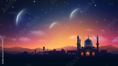 Eid Mubarak background featuring moons, stars, and radiant light, celebrating the holy month of Ramadan Kareem.