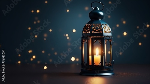 Decorative Arabic lantern adorned with a glowing candle, creating a festive ambiance for Ramadan Kareem.