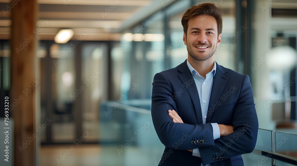 Fototapeta premium Young smiling businessman standing with arms crossed in a modern office looking at the camera, portrait of a handsome male business executive posing for a photo in an open space. generative AI