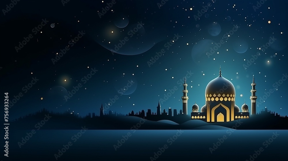 Eid Mubarak background featuring moons, stars, and radiant light, celebrating the holy month of Ramadan Kareem.