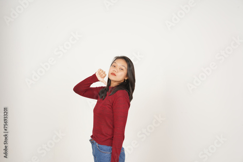 Young Asian woman in Red t-shirt Showing Thumb Down, Disagree concept isolated on white background