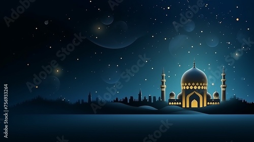 Eid Mubarak background featuring moons, stars, and radiant light, celebrating the holy month of Ramadan Kareem. © Elchin Abilov