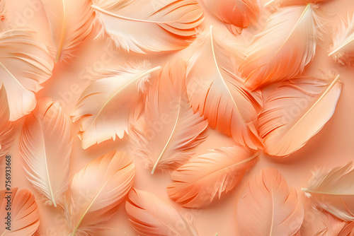 A mound of soft orange feathers sits on a vibrant pink background, resembling a delicate tail with eyelashlike fluff. The texture is reminiscent of peach fur, creating a stunning contrast