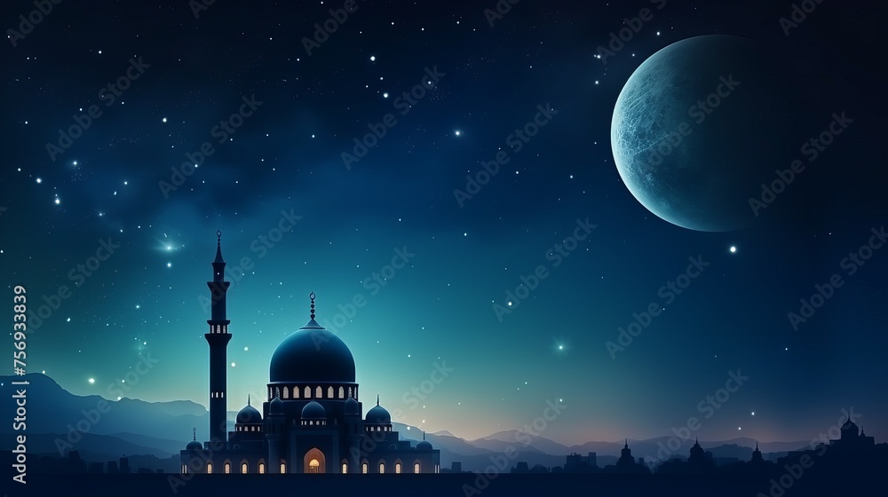 Majestic silhouette: mosques' domes against a dark blue twilight sky with a crescent moon, symbolizing Ramadan and offering space for Arabic text.