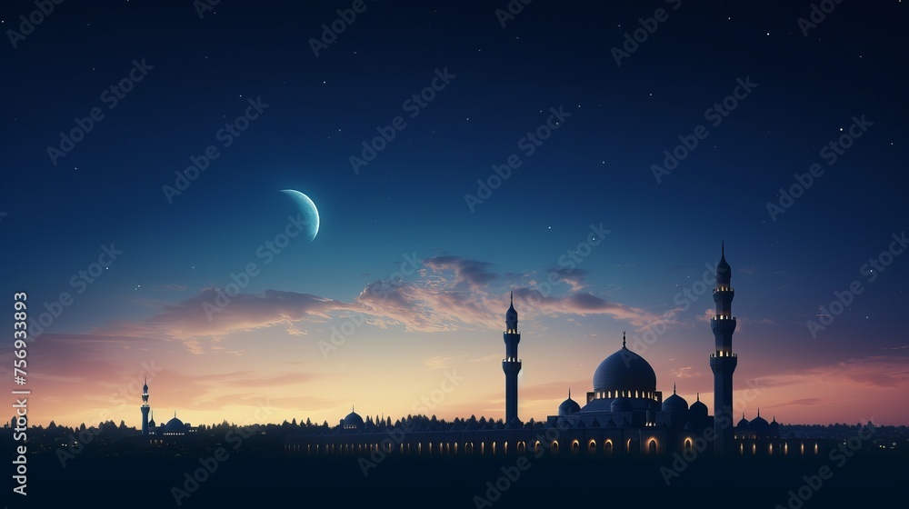 Majestic silhouette: mosques' domes against a dark blue twilight sky with a crescent moon, symbolizing Ramadan and offering space for Arabic text.
