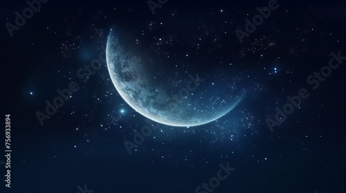 Mesmerizing night: a crescent moon in a dark blue sky filled with stars, showcasing the beauty of the universe.